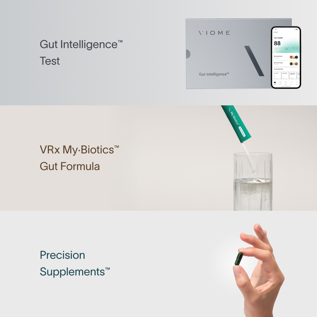 A grid showcasing the Viome Gut Intelligence Test on a light gray background, the Precision Supplements on a gray background, and the VRx My·Biotics™️ Gut Formula on a tan background